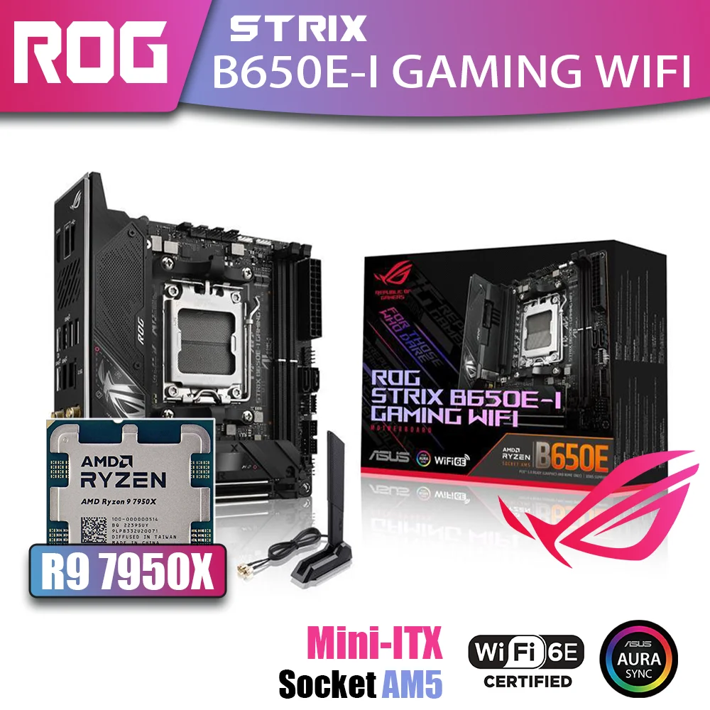 Новый комплект ASUS ROG STRIX B650E-I GAMING WIFI с процессором AMD Ryzen 9 7950X DDR5 память материнская плата AM5 RGB Combo Mini-ITX HDMI DP поддерживает видеокарты NVIDIA AMD для настольных ПК Gamer