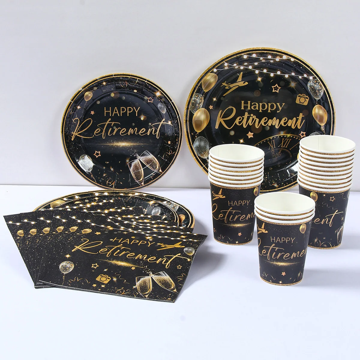 Happy Retiredment Disposable Tableware Black Gold Retirement Celebration Party Decor Paper Plates Home Colleagues Party Supplies