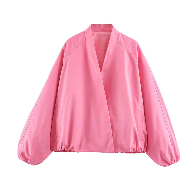 Women Pink V Neck Wrap Front Raglan Lantern Sleeve Jacket Loose Elastic Hem Windbreaker Short Coat Casual Streetwear Tops 2026