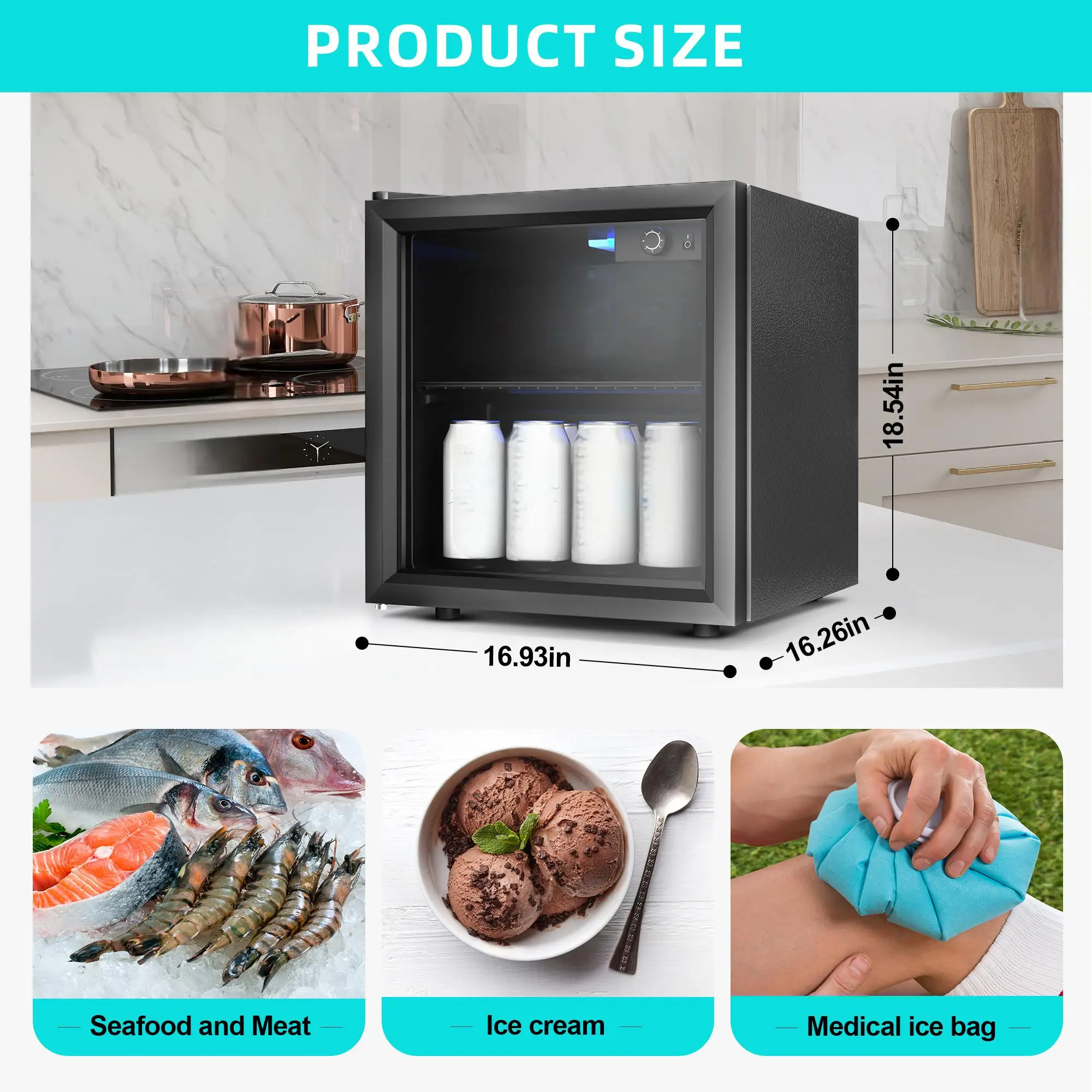 EKOJUCE  Mini Fridge with Glass Door | Countertop Beverage Cooler for Beer, Drinks, Wines with Adjustable Shelves and Blue LED Light for Home, Office, Dorm, Bar