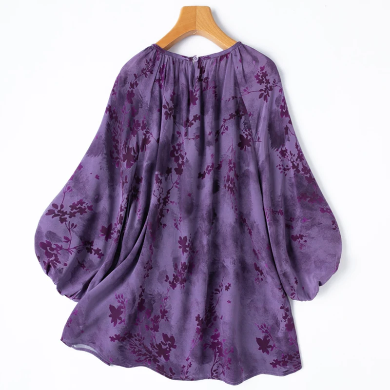 Damen-Seidenbluse, 100 % Maulbeer-Krepp-Seide, lila Blumenmuster, lockerer Pullover, Top, Hemd, 2025, Bürodame, Arbeit, M1304