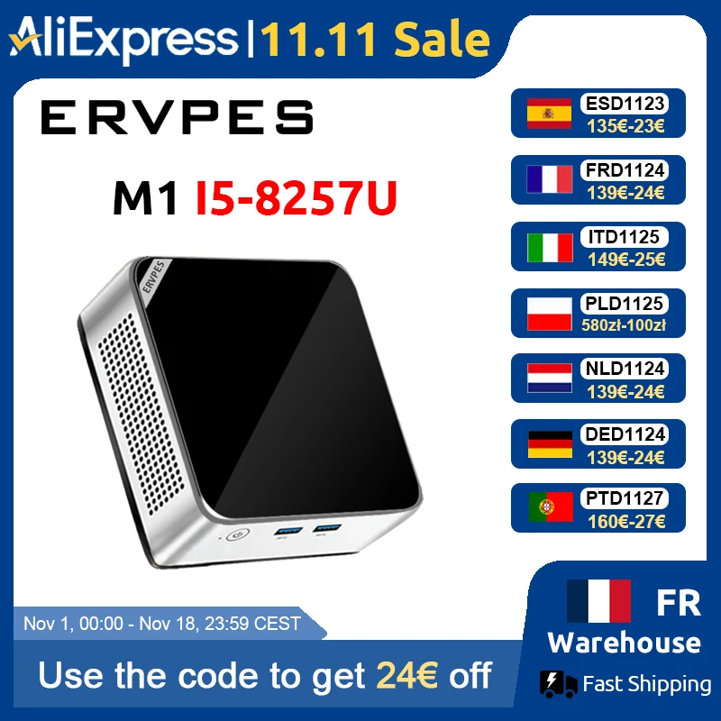 ERVPES M1 NIEUWE Mini PC Intel I5-8257U Windows 11 Pro 4-Core 8-thread 8GB + 256GB / 16GB + 512GB WiFi 6 Mini Computer PC