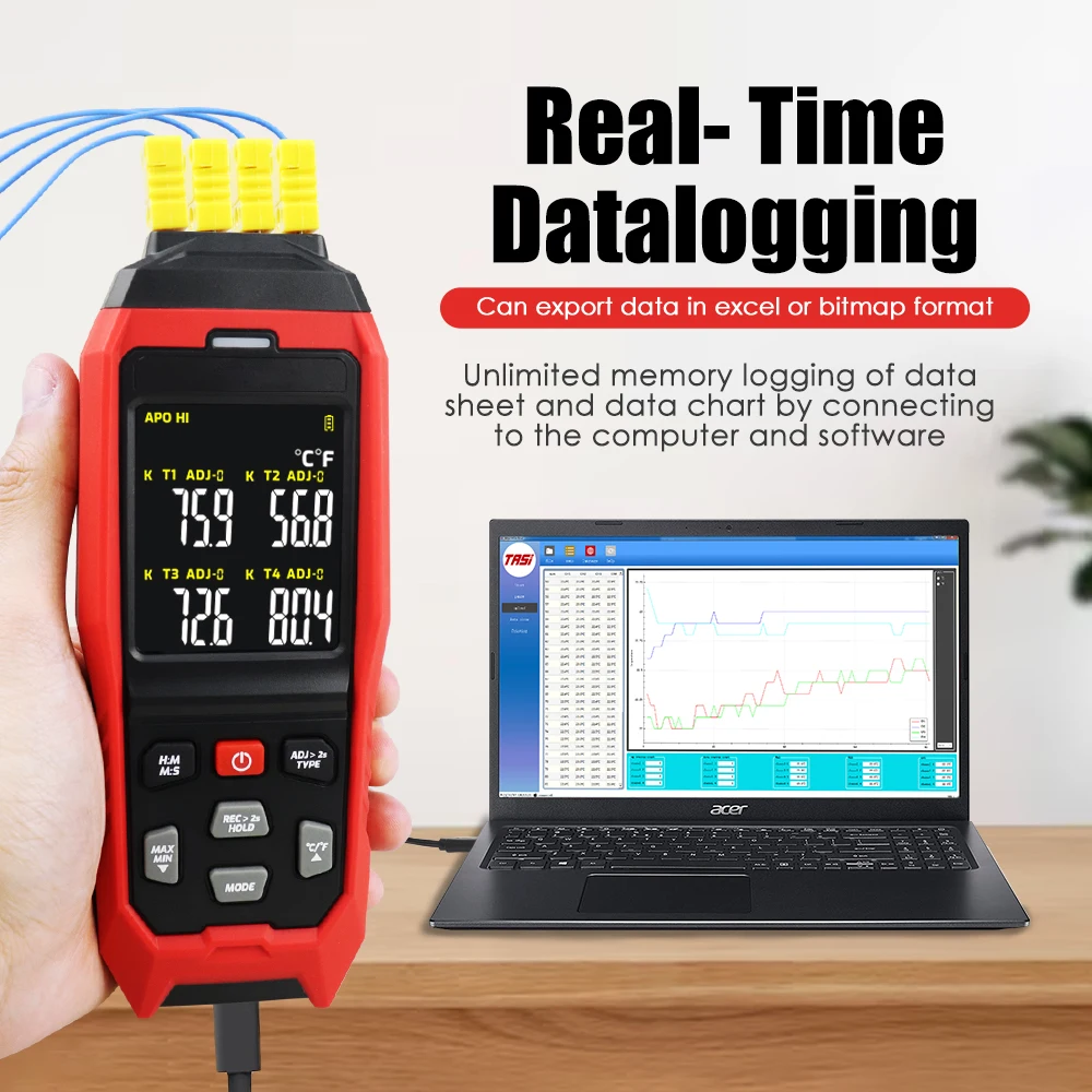 4 Channels K/J Type Thermocouple Thermometer -200~1372℃ -328~2501℉ Digital Meter 5000 Groups Data Storage 4-Channel Display