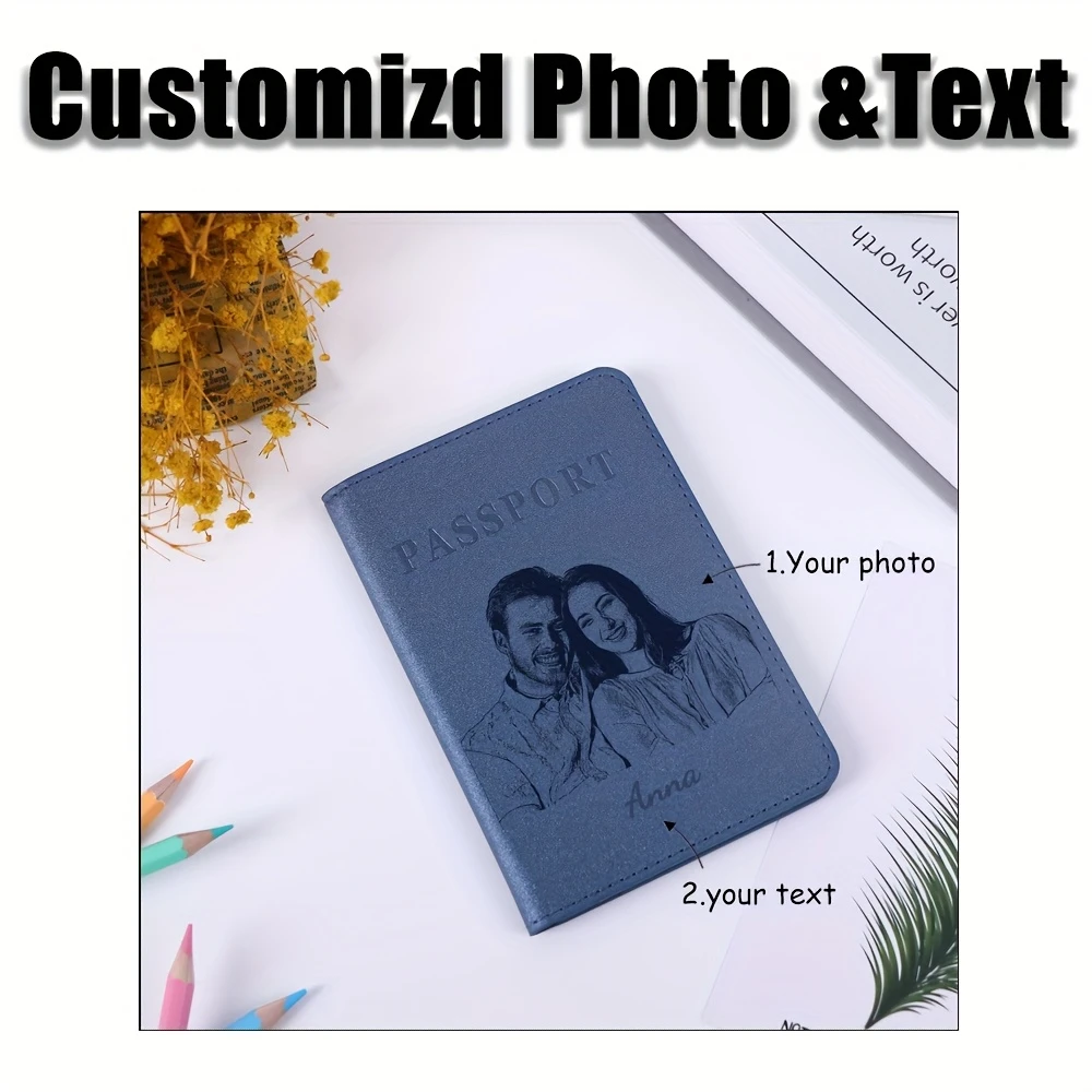Custom Photo & Text Golden Foil Faux Leather Passport Holder, Couple Cover, Ideal for Valentine's/Father's/Mother's/Business Gif view 6
