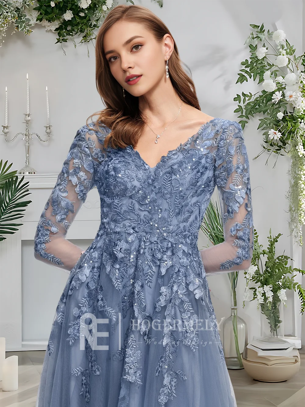 Bを入力してください ​ イブニングドレス スレートブルー Aライン Vネック チュール レース プロムドレス 2025 マキシレングス スパンコール付き 7/4スリーブ ウェディングパーティー フォーマル