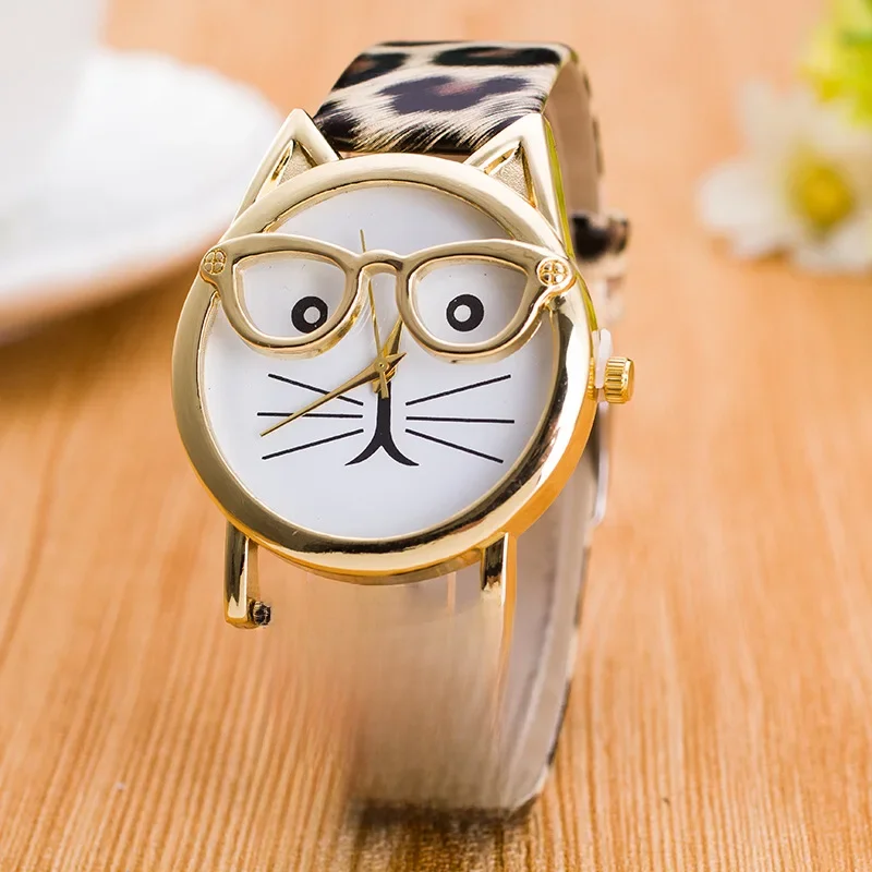 Montres à imprimé léopard pour femmes, lunettes mignonnes, chat, bracelet en faux cuir, montres-bracelets à quartz pour dames, meilleur cadeau, mode