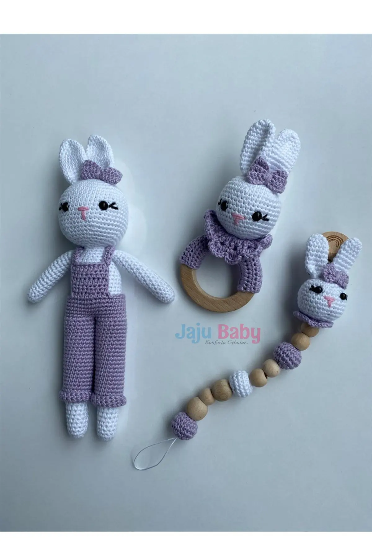 Handmade Amigurumi Purple Rabbit 29 cm Rattle and Pacifier Chain Set of Three