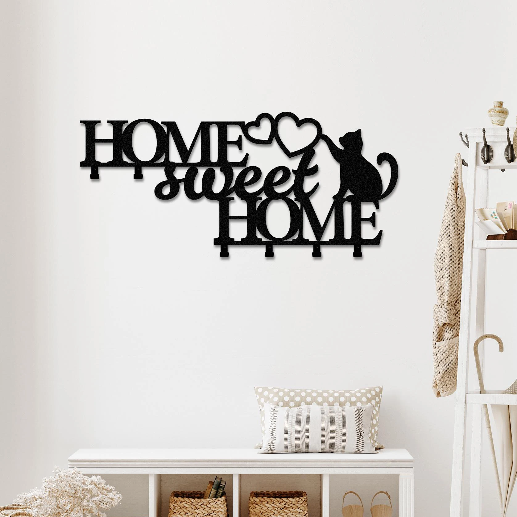 Home Sweet Home Metal Coat Rack – Cat Wall Decor Cute Cat Key Holder – Wall Mounted Metal Key Rack Hooks