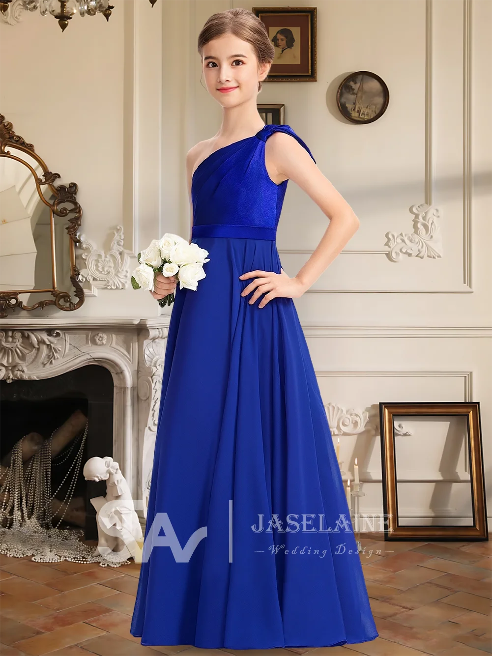 우아한 주니어 신부 들러리 드레스 새틴 한 어깨 바닥 길이 꽃의 소녀 드레스 라인 Pleated Bodice 웨딩 파티 가운