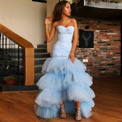 Customized High Quality Ruffles Prom Dresses Ladies Baby Blue Sweetheart Hi-Lo Floor Length Sequins Sleeveless Backless Mermaid