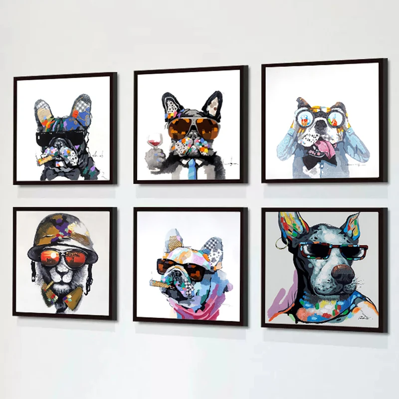 

Colorful French Bulldog With Sunglasses Smoking Poster Canvas Painting Funny Animal Graffiti Wall Art Picture Modern Home Decor