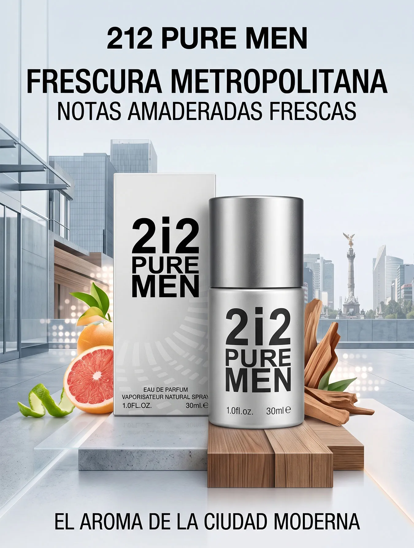 Perfume 212 PURE MEN 30ml Fragancia Masculina Fresca Amaderada Aroma de Camisa Blanca Ideal para Oficina y Diario Loción para Hombre con Notas Cítricas y Jengibre Estilo Urbano Minimalista de Larga Duración