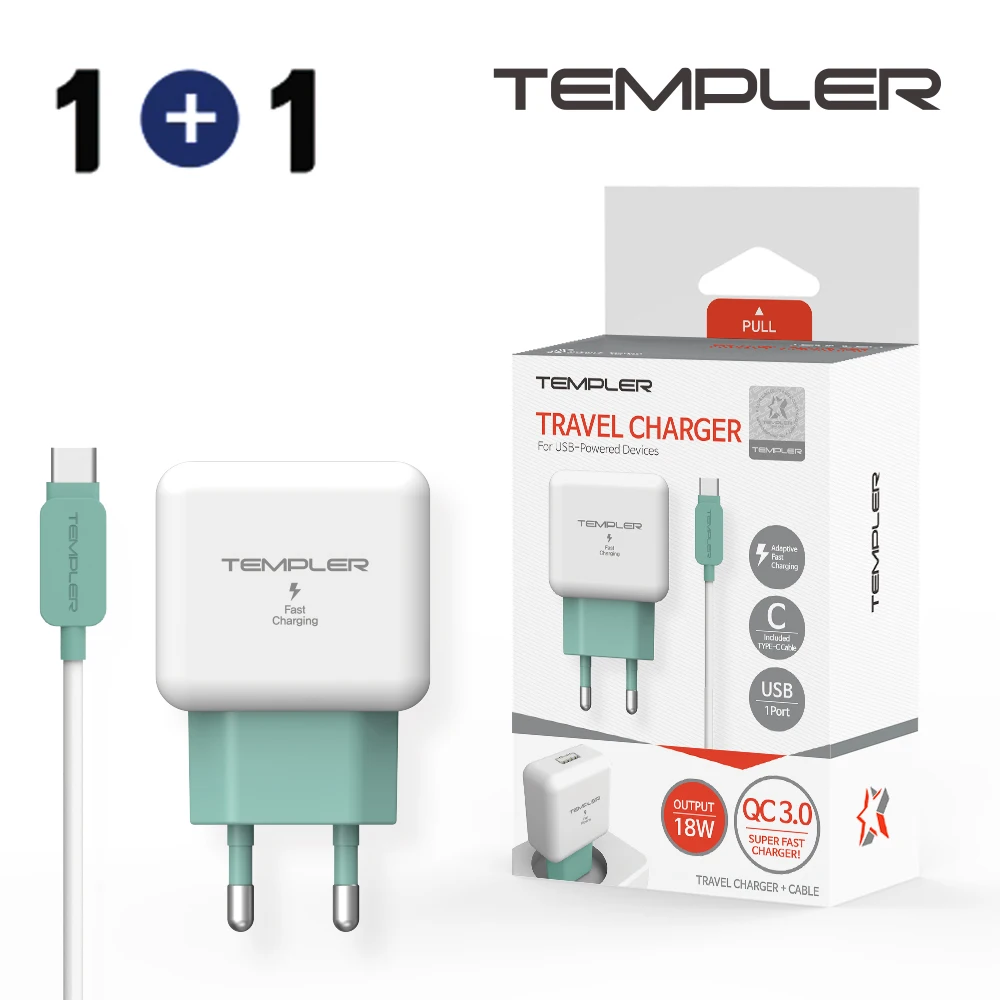 1 + 1 Templer QC3.0 18W 1 Port High Speed Domestic Charger with Type C Cable smart phone fast charger C type high speed fast KC certified insurance