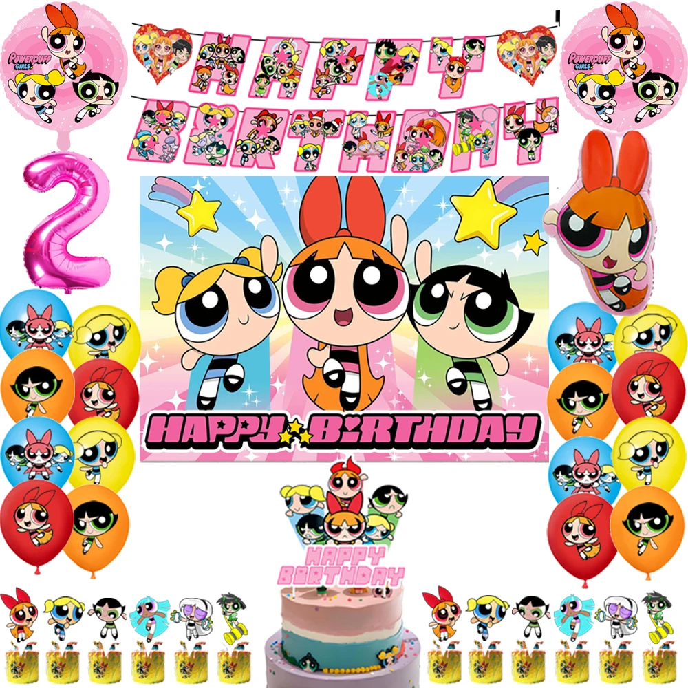 The Powerpuff Girls Birthday Party Decorations Balloons Backdrop Banner Cake Toppers Pink Number Party Supplies Hero Toy Ballon