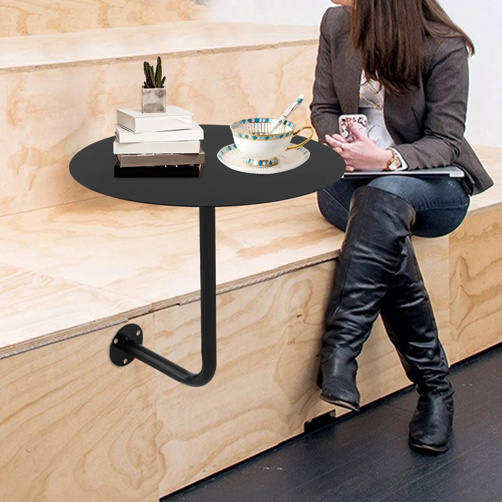 Wall Mounted Round Coffee Table, Industrial Black Pub Table 33lb Capacity, Space Saving Bar Table for Home & Commercial Use