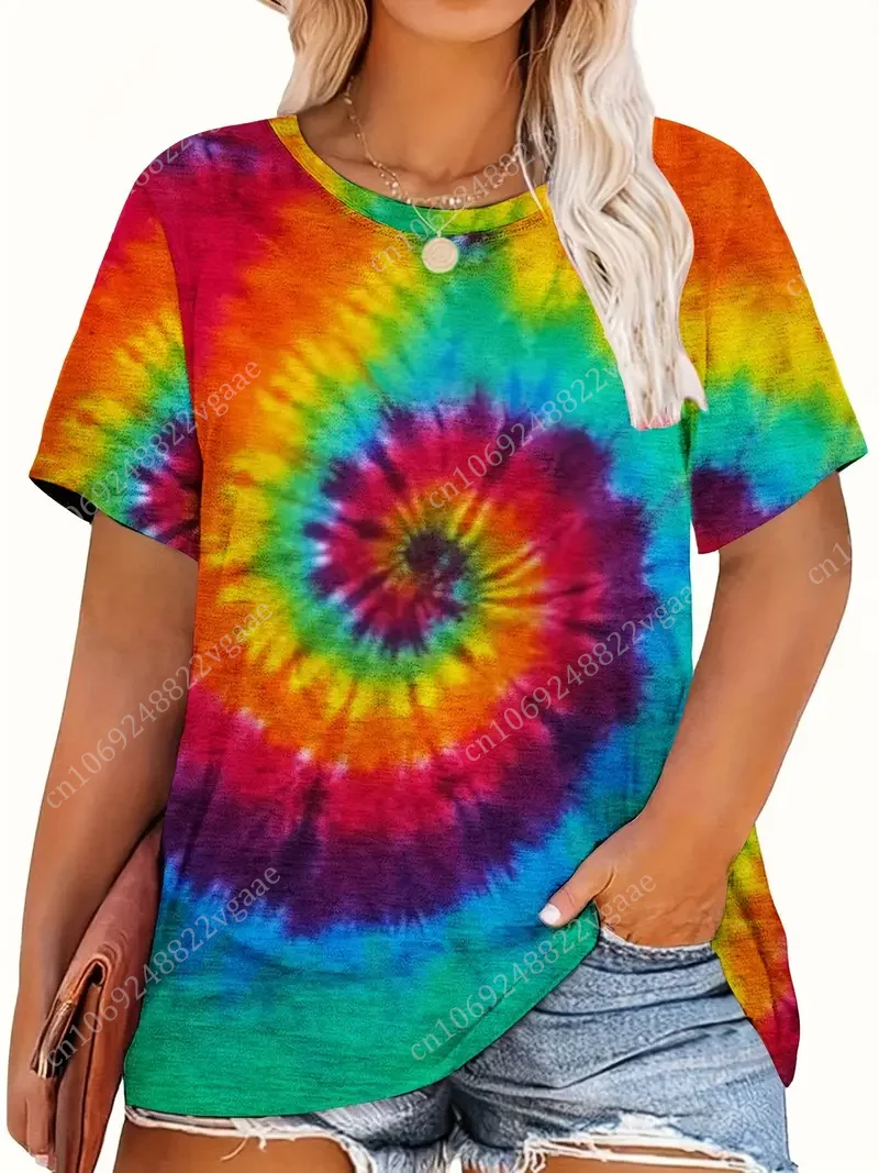 2024 Summer Colorful Rainbow T Shirt Women Fashion Tie Dye 3D Print Short Sleeve Tee Tops Oversized Clothes Couple Lover Herat