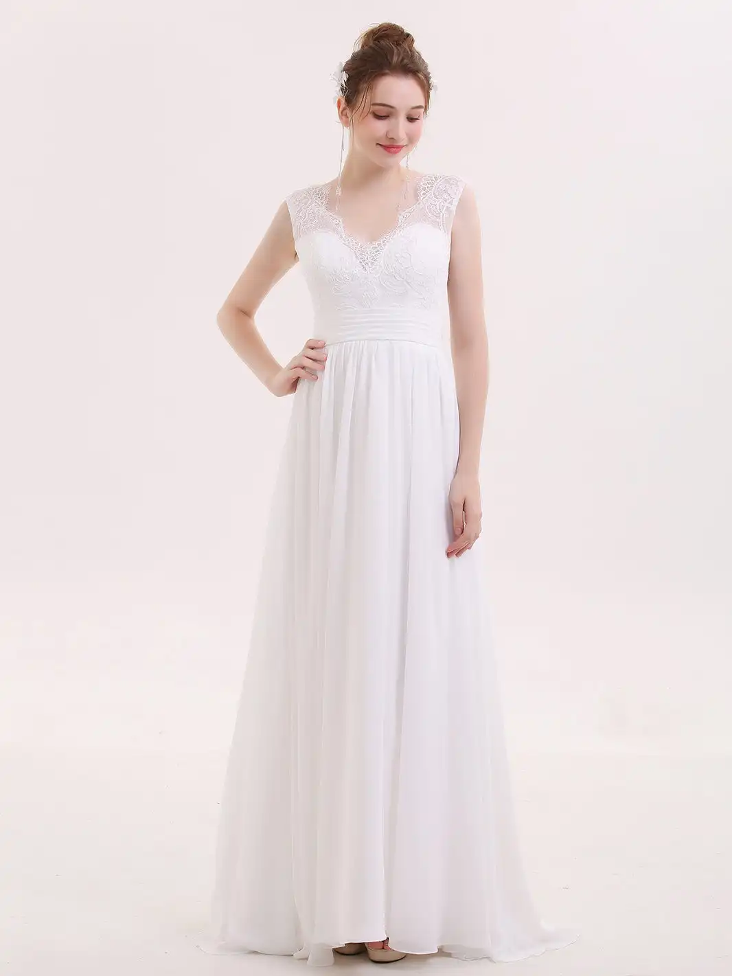 

V-Neck Chiffon Beach Wedding Dress With Bow 2024 Bridal Dress Brush Train Vestido De Novia Bride Dress