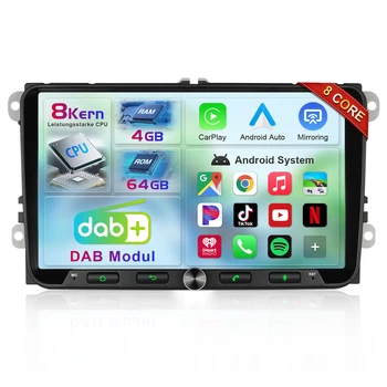 8-Core 4G + 64G VW Radio for VW Golf 5 6 Seat Passat Caddy Sharan Tiguan, Wireless Apple CarPlay & Android Car, 9 Inch Touchscreen Radio Golf Carplay with Bluetooth 5.0 RDS FM EQ GPS WiFi