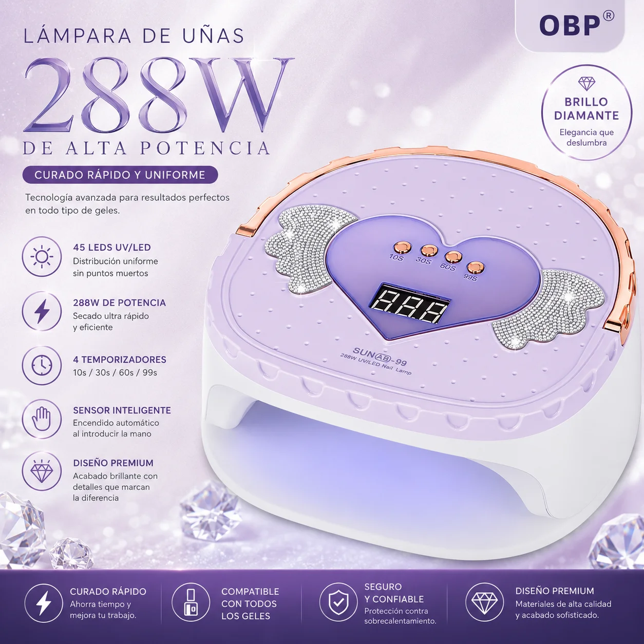 Lámpara de uñas UV LED de 288 W para esmalte de uñas, secador de uñas portátil con 4 temporizadores y pantalla LCD, lámpara de uñas profesional para salón de uñas en casa.