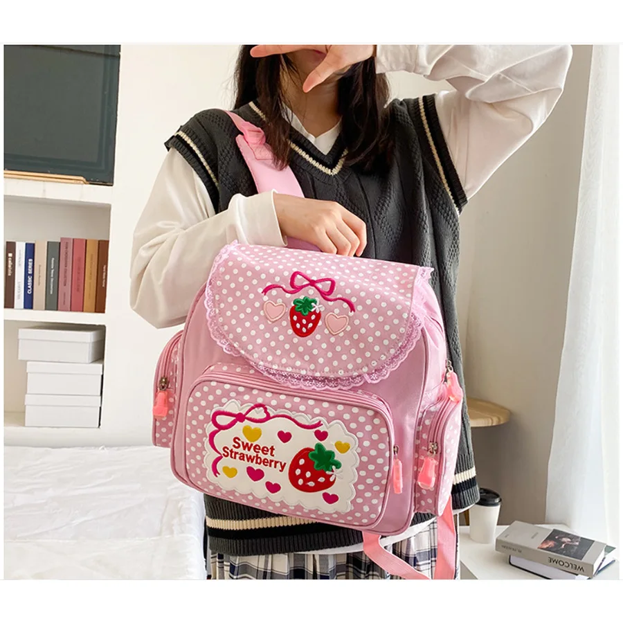 Pink Girl Embroidery Cute Strawberry Children\'s Schoolbag Student Gift Multi-Pocket Nylon Fashion College for Teenager Girl