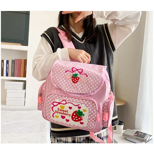 Mochila escolar rosa con bordado de fresa para niña, regalo para estudiantes, universidad de moda de nailon con múltiples bolsillos para adolescente