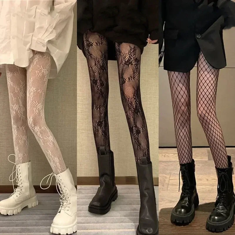 Klasyczne pończochy Lolita z ażurową koronką i siateczką, rajstopy z wykończeniem, seksowne rajstopy, japońskie Lolita retro kwiatowe rattanowe białe pończochy. — zdjęcie 2