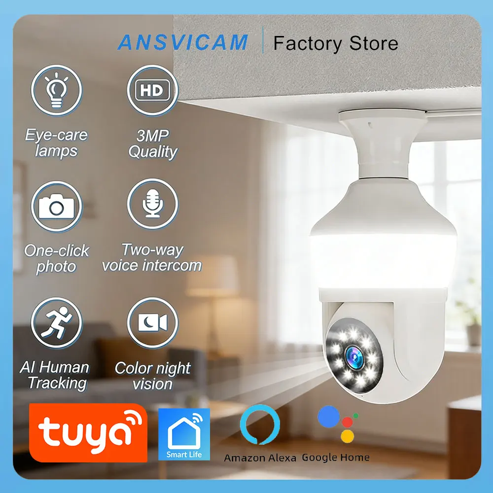 ANSVICAM 5MP Tuya Smart Security Camera Light Bulb WiFi Dual Screen Surveillance Camera PTZ Color Night Vision for Outdoor Home