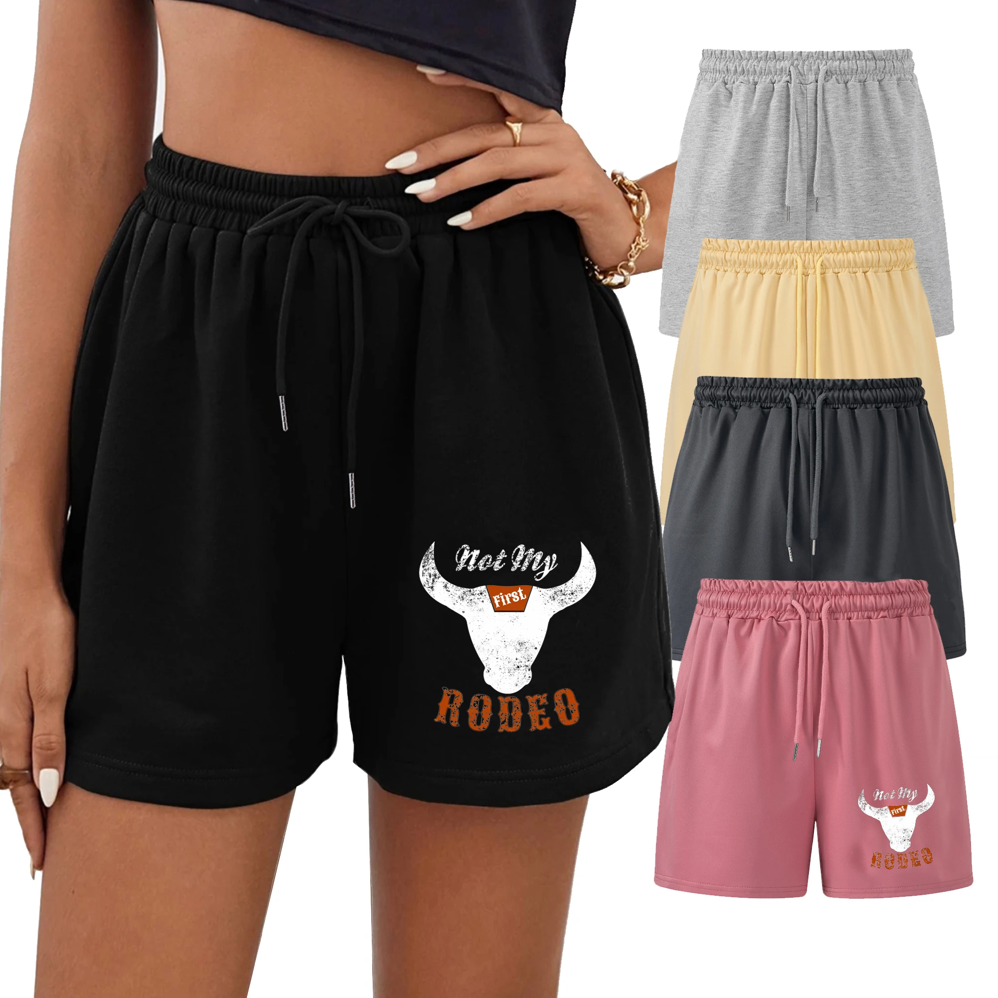 XUANSHOW Cow Head & Letter Print Shorts, Casual Drawstring Elastic Waist Summer Shorts, Women's Clothing