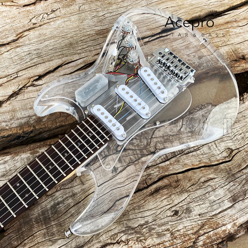 In Stock Acepro Colorful LEDs Light Electric Guitar, Acrylic Body Crystal Guitar, Transparent Pickguard, Free Shipping Guitarra