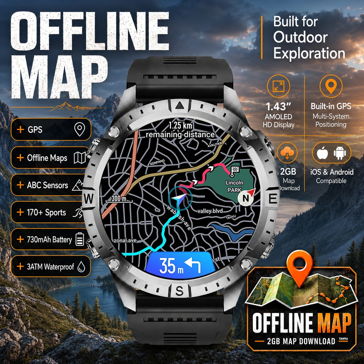 

Pro Outdoor Offline Map GPS Smart Watch 2GB Map Download 730mAh Battery 1.43 AMOLED ABC Sensors 3ATM Waterproof Sports Watch Men
