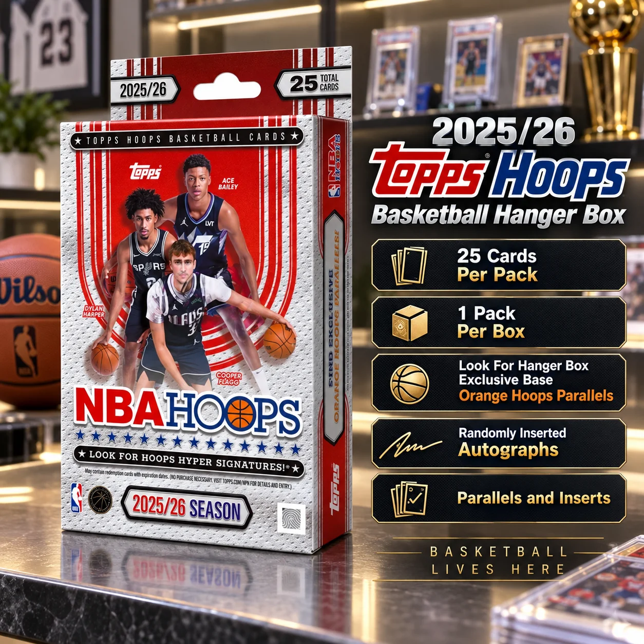 2025-26 Topps Hoops Basketball Hanger Box, 1 Pack Per Box, 25 Cards Per Pack, Trading Cards for Collecting and Display