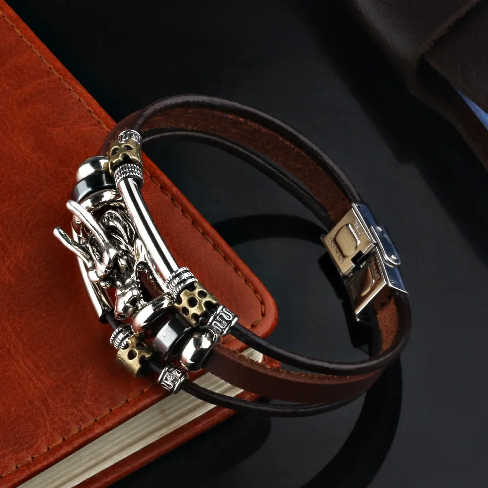Trend personalisierte Schmuck handgemachte Leder Drachen Armband Männer Vintage mehrschichtige
