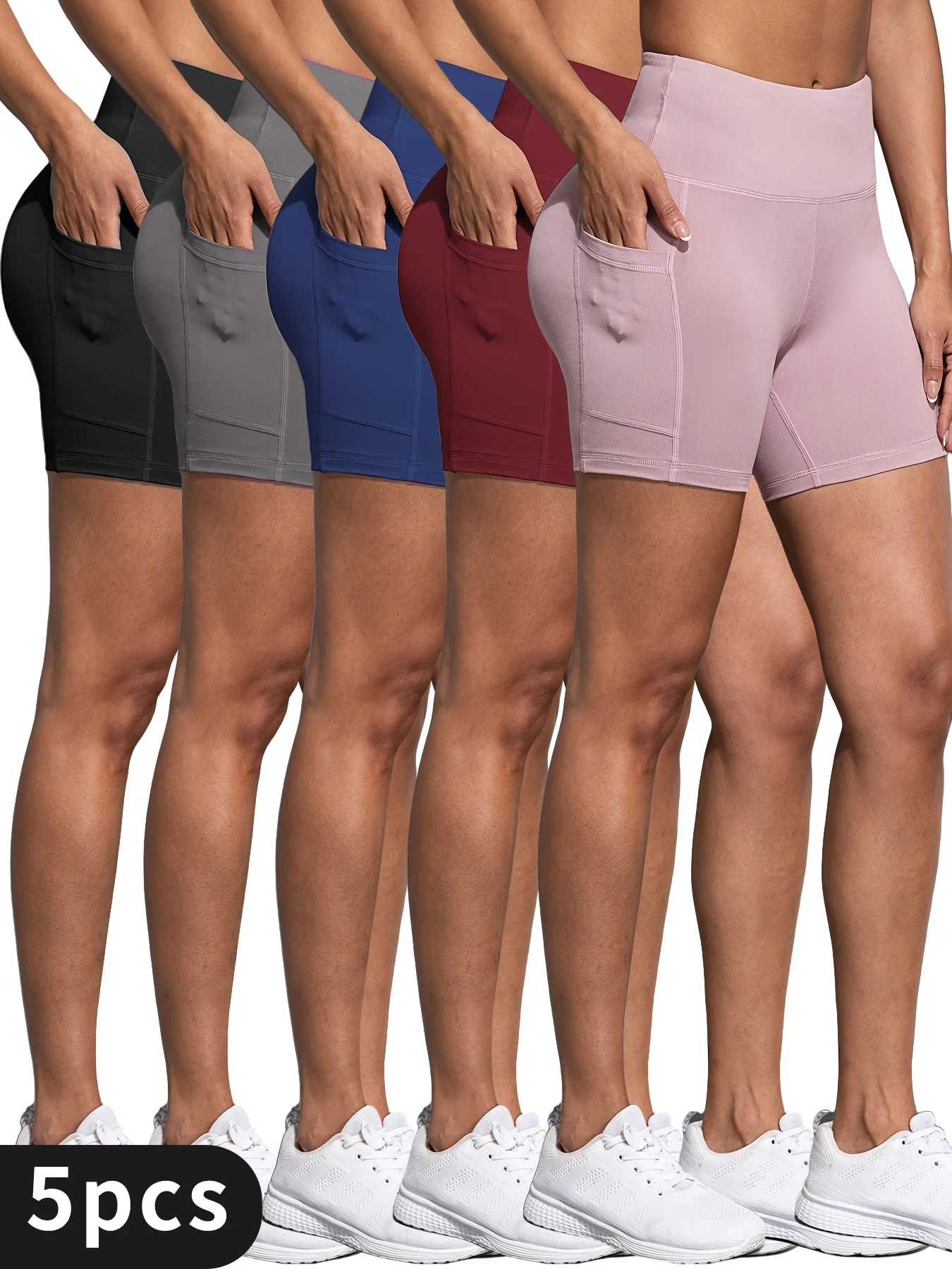 

Комплект из 5 женских шорт для йоги с высокой талией и карманами, эластичные шорты для фитнеса, бега, велоспорта и тренировок с эффектом коррекции живота