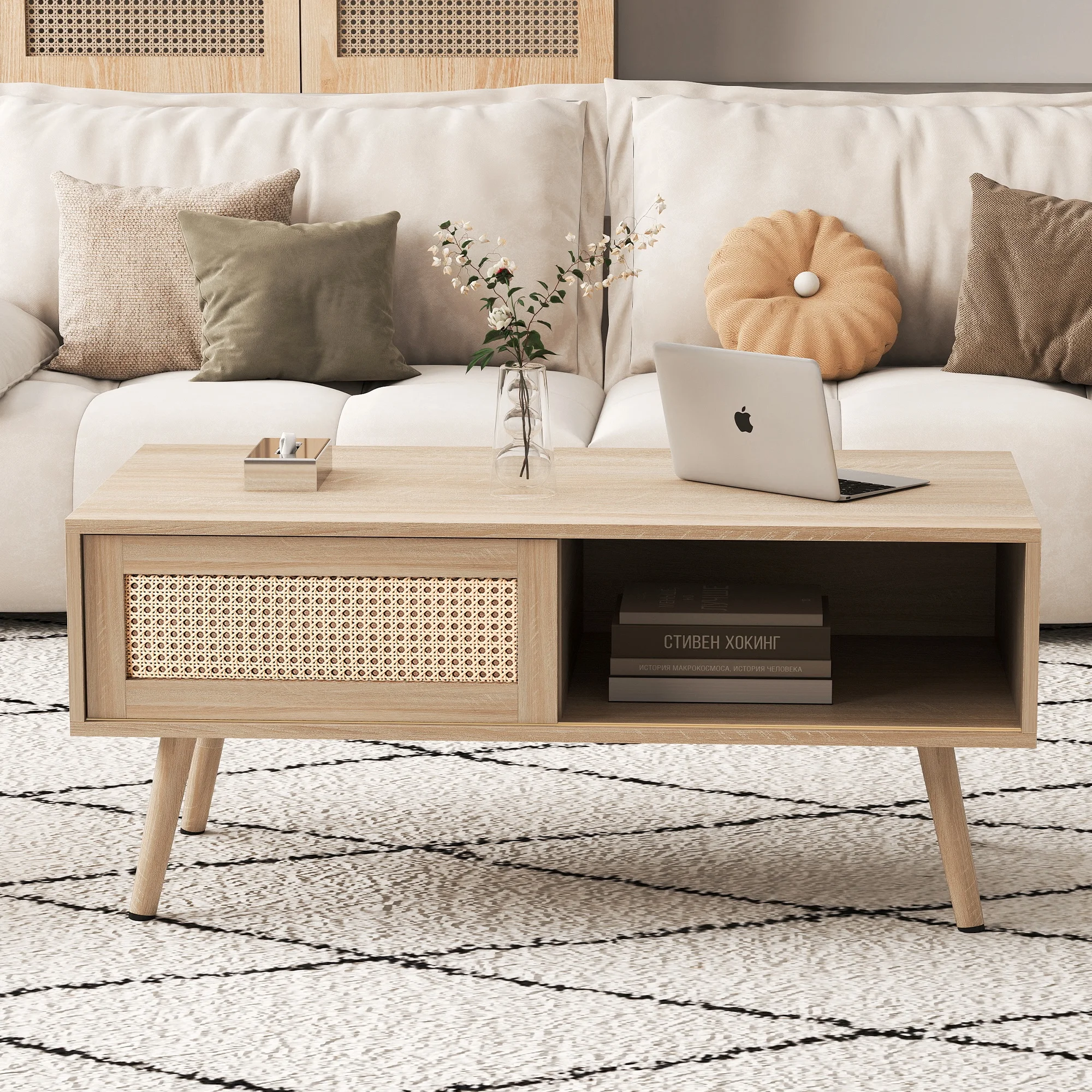 Table basse avec porte à fermeture douce, rangement, MDF effet rotin, bois naturel, stable, salon/bureau, accès pratique