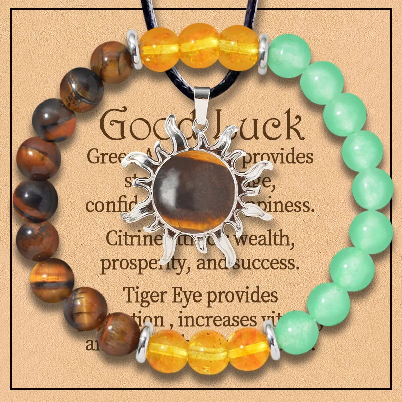 3pcs/set Casual Jewelry Set for Women, Sun Shape Yellow Tiger Eye Pendant, Good Luck Bracelet, Confidence, Courage and Wealth
