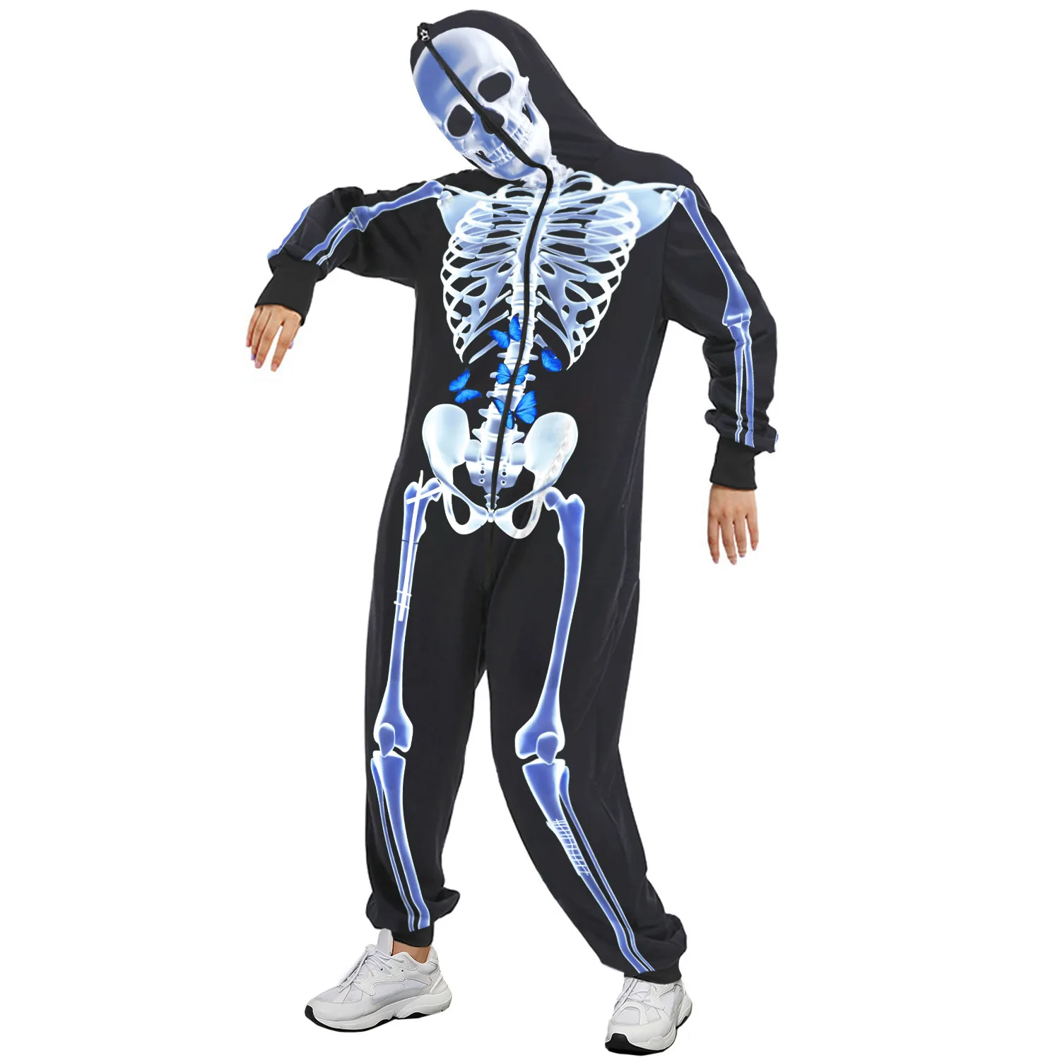 3D Digital Printed Skeleton Pajamas for Men and Women, Zipper Sweatshirt, Mesh, Red Rose, Velvet, Halloween, 1 Pc