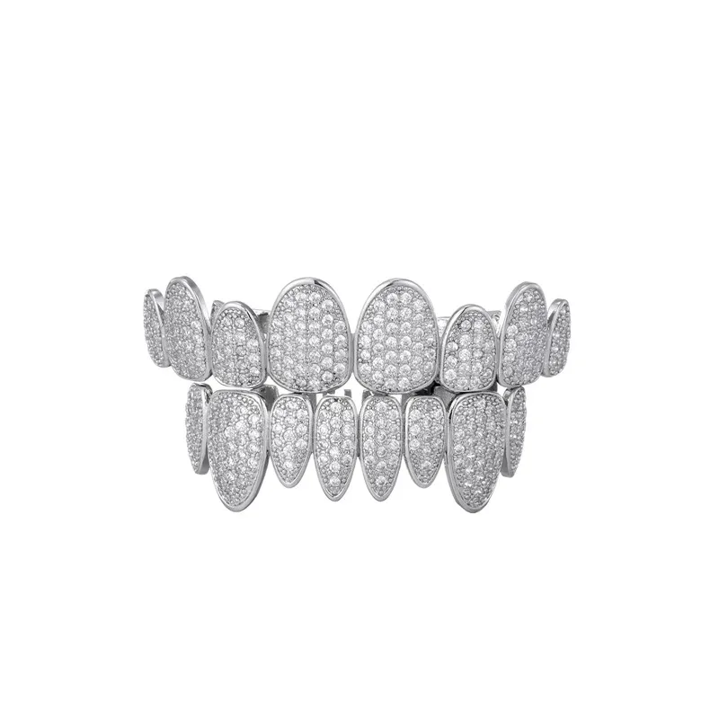 Hip Hop Full Iced Out Stones CZ Teeth Grillz Caps 2 Colors Cubic Zircon Micro Pave Top&Bottom Charm Grills For Men Women Jewelry