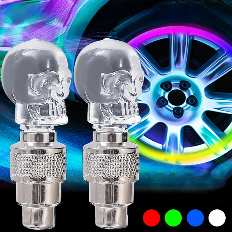 Bouchons de Valve de pneu lumineux en forme de crâne, pour voiture et moto, universel, conduite de nuit sûre, lumière néon, accessoires automobiles, 2/4 pièces