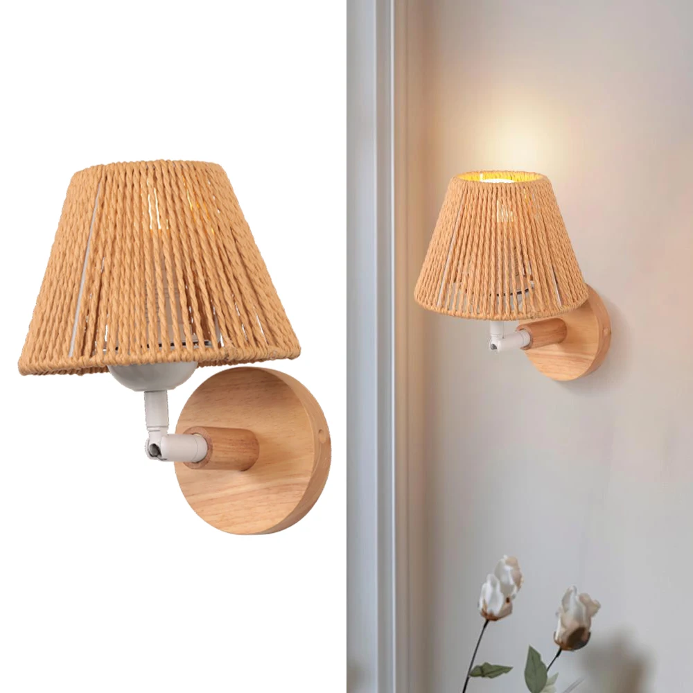 

Retro Hemp Rope Rattan Weaving Wall Light Bedroom Living Room Woven Wall Sconce Bedside Lamp E27 Retro Wood Indoor Lighting LED