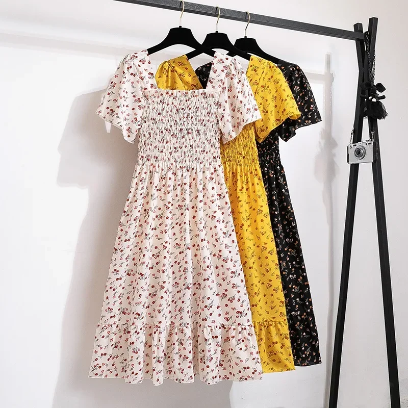 Printemps été robe en mousseline de soie femmes robes mi-longues femme à manches courtes taille élastique imprimé fleuri plissé dos nu tenue décontractée