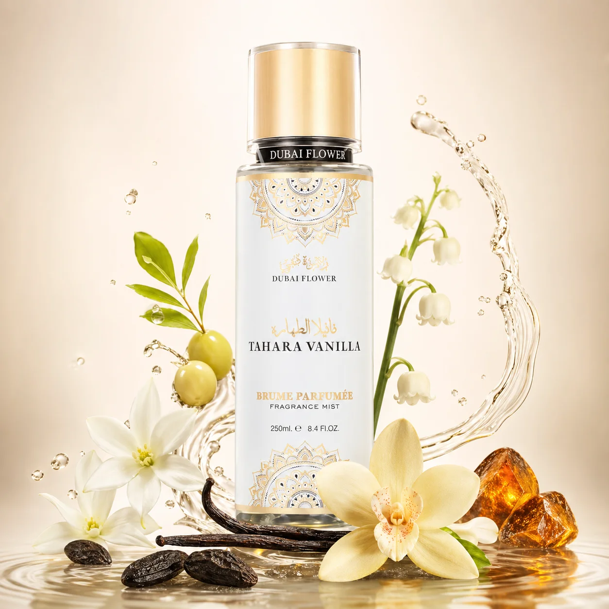 Bruma perfumada Dubai Flower Tahara con aroma a vainilla, 250 ml, fragancia de vainilla, jazmín y almizcle