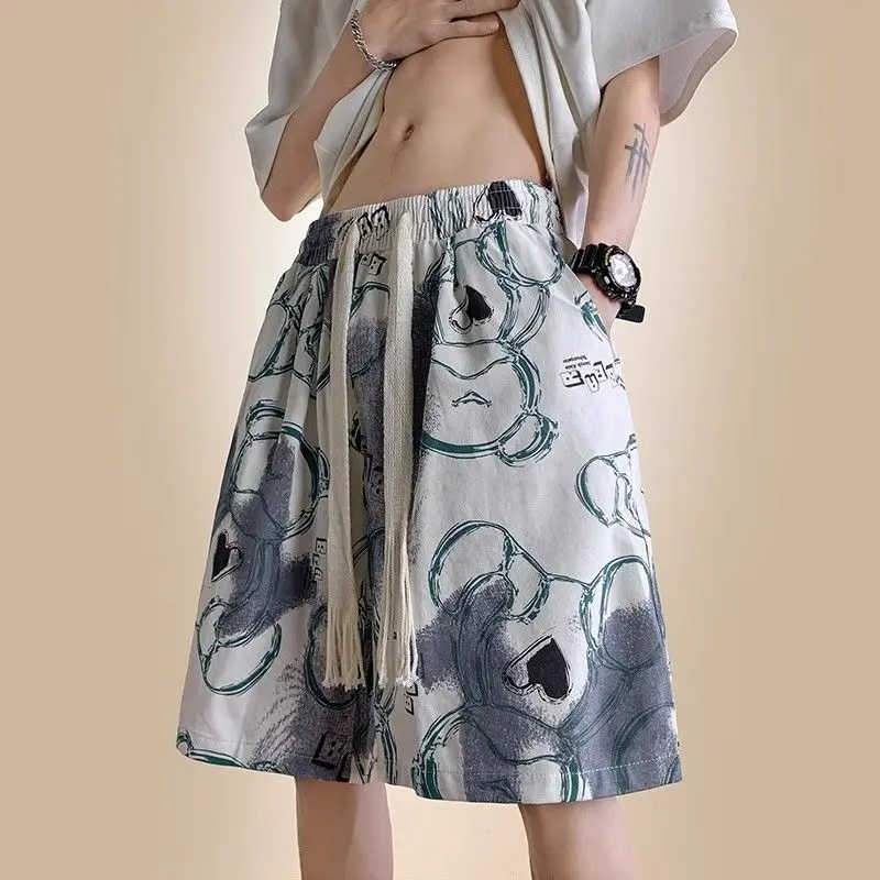 Cool Bear Print High Street Oversize Basketball Shorts for Men's Black Summer Korean Wide Leg Casual Gothic Shorts Boys