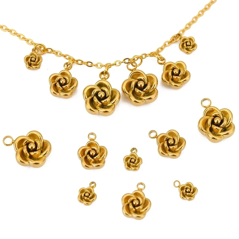 10 Stück 5/8/10 mm Edelstahl PVD vergoldet Rose Blumen Charms für DIY Ohrring Halskette Armband Schmuckherstellung Zubehör Bulk
