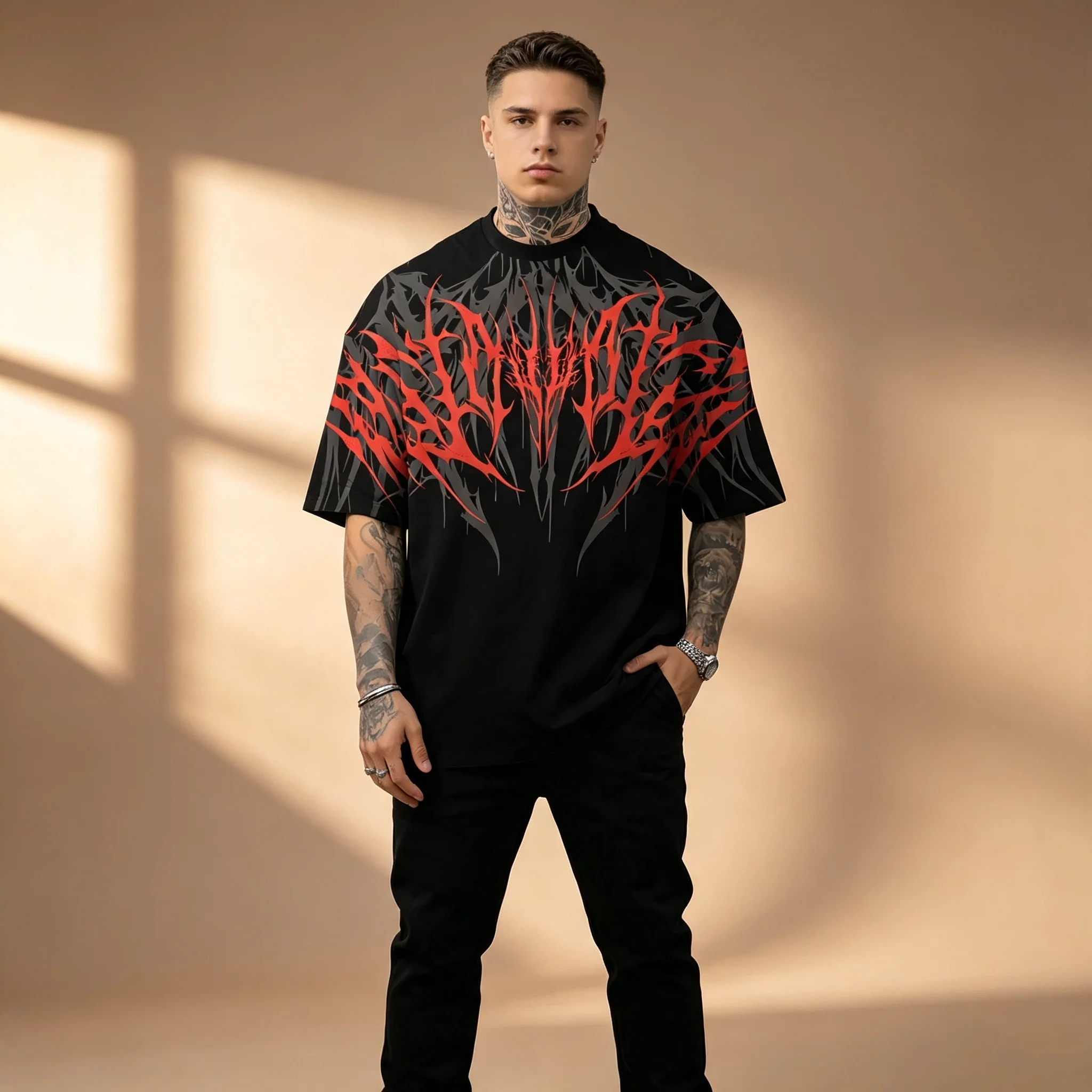 Men Gothic Red Gray Thorn Letter Print T-shirt Black Crew Neck Punk Streetwear Casual Loose Short Sleeve Tops