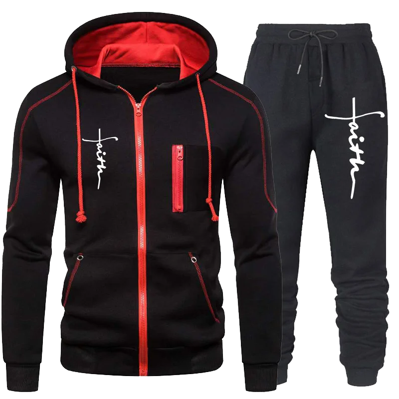 Autumn Winter Faith Printed Men's jacket Suit 2-piece Suit Fashion Male Zipper Hoodies Sweatpants Casual Outwear Men's Clothing