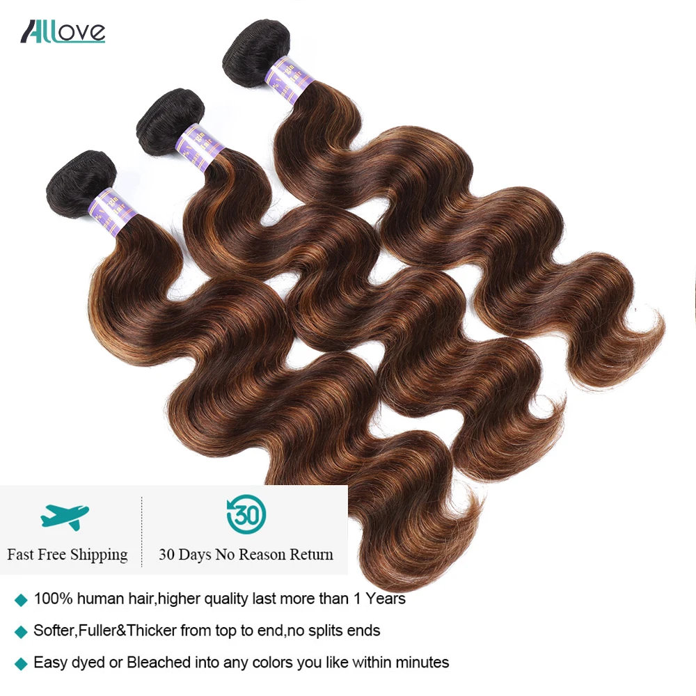 Allove-Extensions de Cheveux Humains Vierges, Tissage en Lot, Body Wave, Ombré, 100% Brésilien, 1B 4 30, à Reflets, FB 30