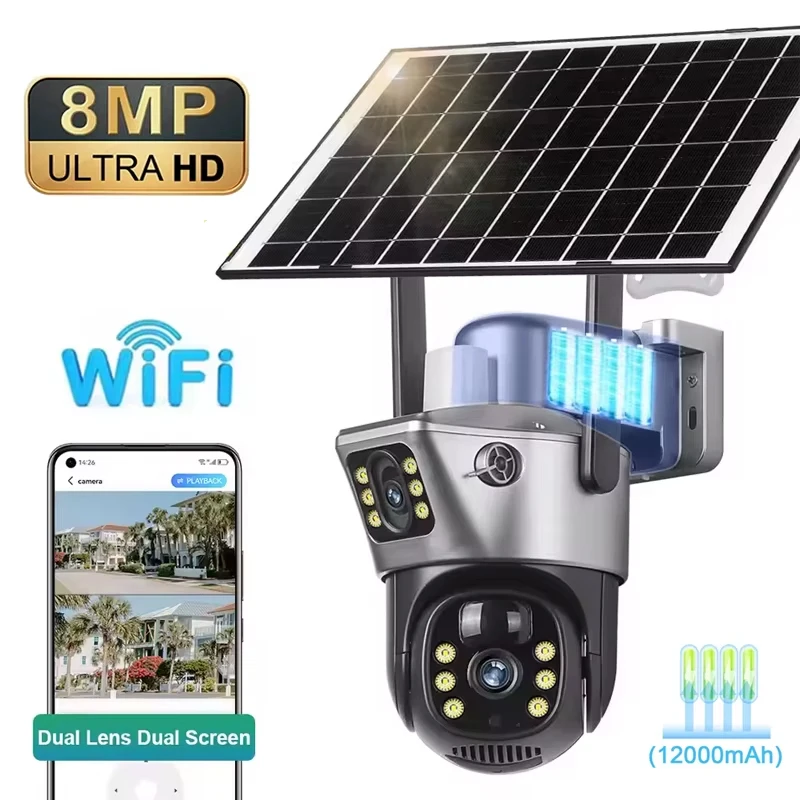 4K 8MP Dual Screen Solar Camera Outdoor Wireless WiFi PTZ Dual Lens Security Protection Auto Tracking CCTV Cameras