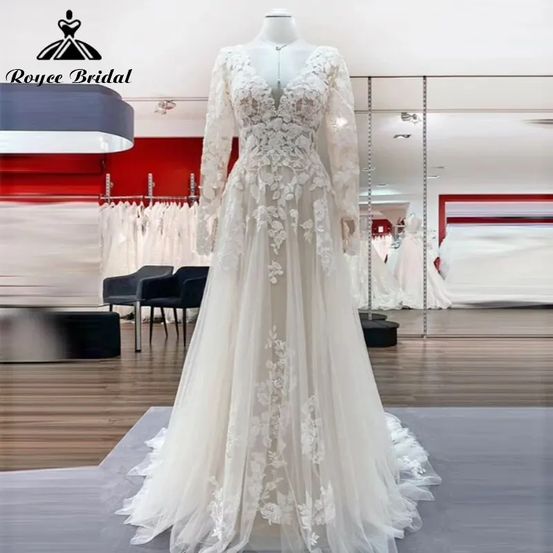 Exquisite V-neck Full Cap Sleeve Sexy Back Button Lace Appliques A-Line Wedding Dress Tulle Bridal Gown Sweep Boho vestidos robe