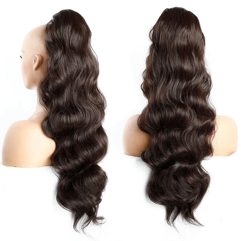 Body Wave ผมหางม้า Extension เส้นใยสังเคราะห์ทนความร้อน Bio มนุษย์เหมือนคลิปหยักยาวใน Drawstring Pony Tail Hairpiece