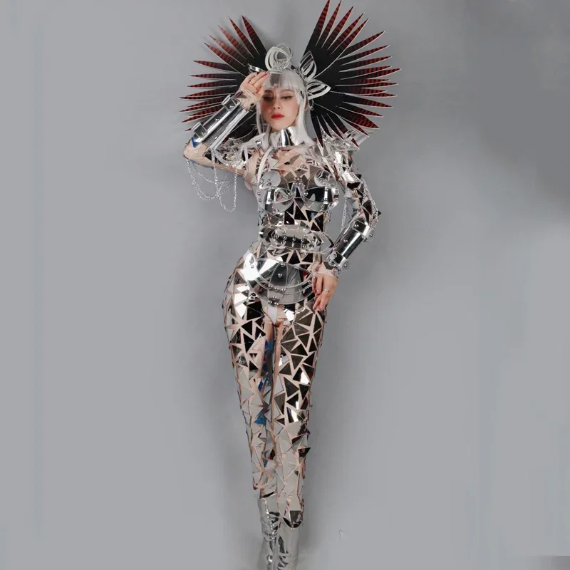 Srebrne lustra kombinezon kobiety Cosplay Gogo kostium tancerza festiwal strój Rave Party Ds Dj odzież sceniczna XS7008 — zdjęcie 2
